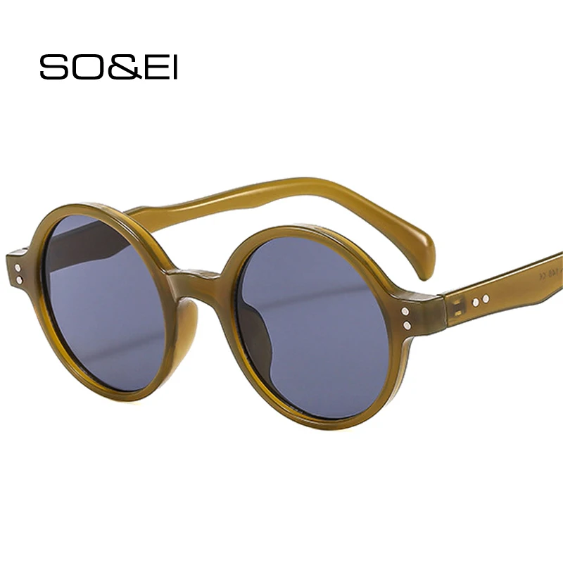 

SO&EI Vintage Round Women Sunglasses Fashion Jelly Color Eyewear Men Punk Clear Ocean Lens Shades UV400 Rivets Sun Glasses