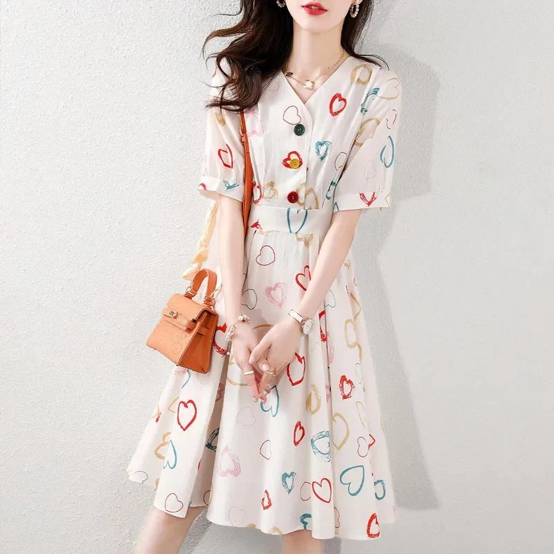 

Винтажное модное платье, летнее Новое корейское издание, простое свободное удобное приталенное модное универсальное платье с принтом и V-об...