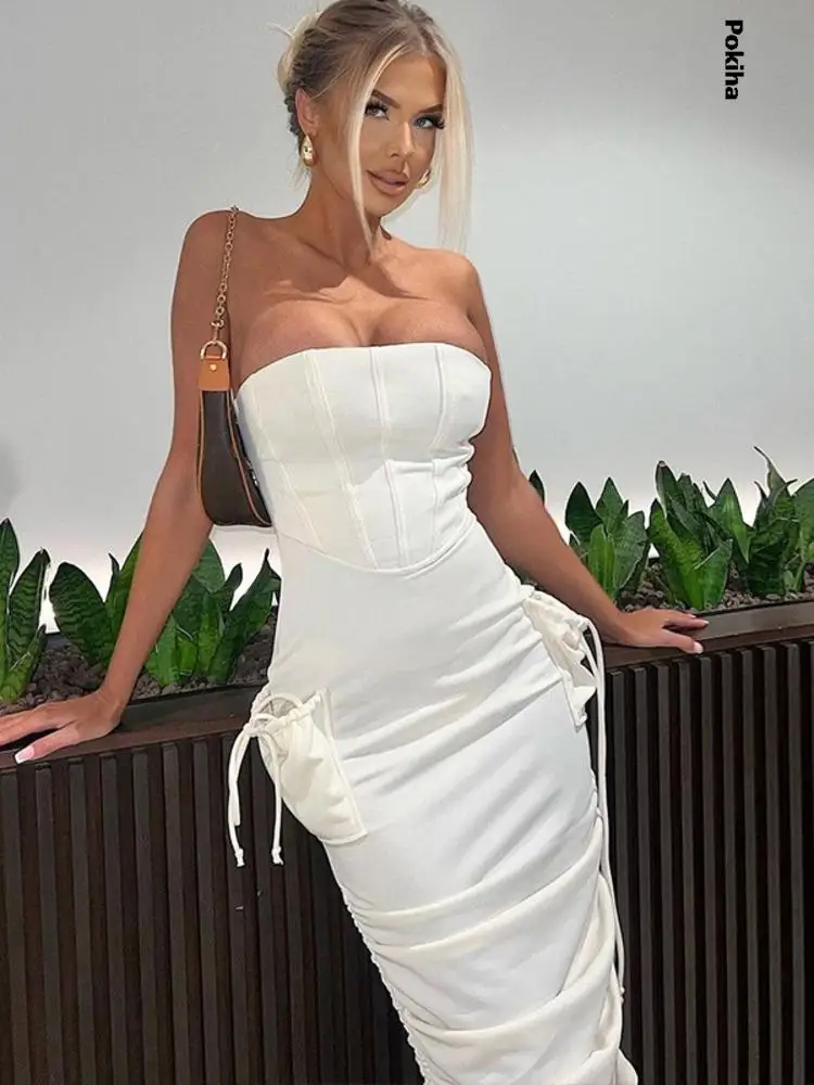 

POKIHA Elegance Drawstring Ruched Midi Dress For Women Fashion Off-shoulder Sleeveless Backless Bodycon Sexy Long Dress Slim New