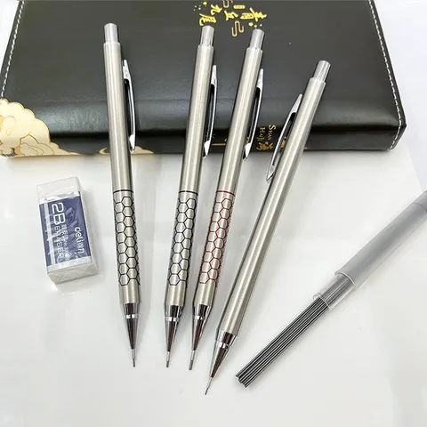 0.3/0.5/0.7/0.9mm All-metal Automatic Pencil Copper Core Stainless Steel High-quality With Hidden Eraser Student Supplies