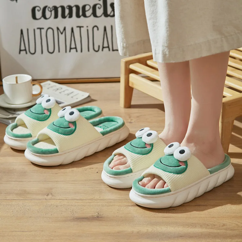 Linen Slippers Cute Frog Indoor Non-slip Thick Bottom Spring And Summer Cotton Linen Sandals And Slippers Home Slippers