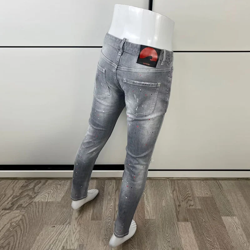 Street Fashion Men Jeans Retro Gray Elastic Painted Skinny Fit Hole Ripped Jeans Men Patched Designer Hip Hop Brand Pants Hombre