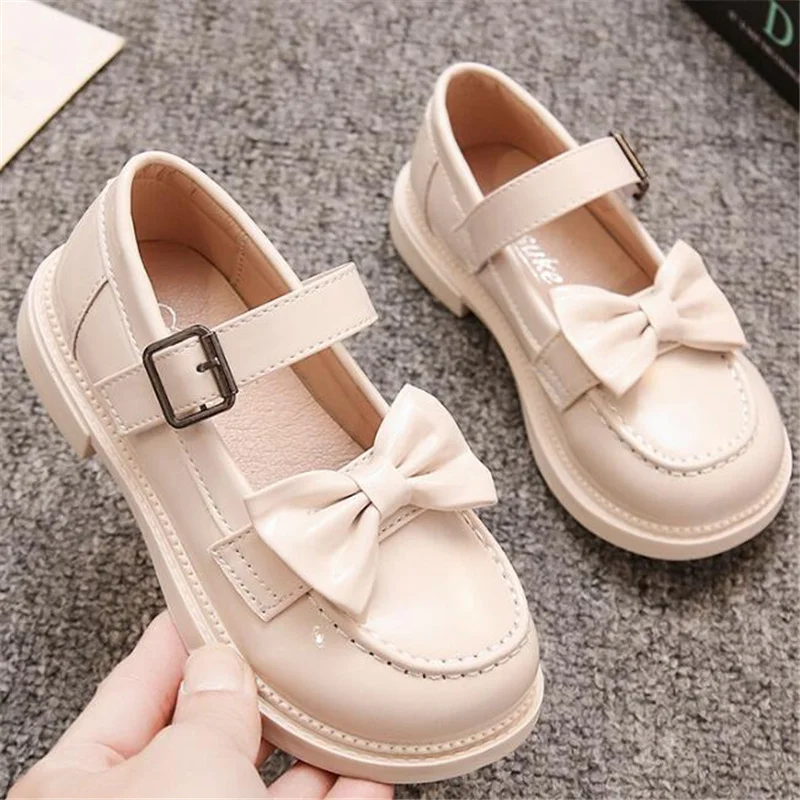 

2022 girls black British style leather shoes Mary Jane shoes Fashion bow Soft Sole non-slip big boy princess shoes Peas shoes