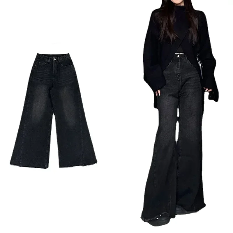 

Женские длинные черные джинсы макси с расклешенными штанинами, легкие джинсовые брюки с завышенной талией y2k, модная женская одежда 2023