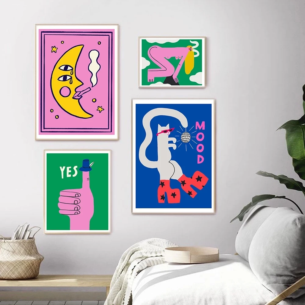 

Cartoon Cat Mood Pisces Aries Poster Print Abstratc Body Moon Lady Wall Art Pictures for Kid Bedroom Nordic Decor Canvas Cuadros