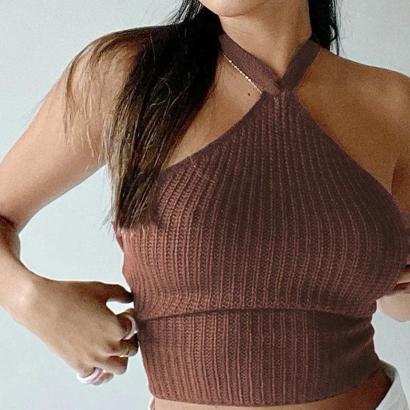 

Pure Color Deep V Open Back Knitted Vest Brown Camisole Top Women Summer Retro Camisole Casual Tube Top Women Sleeveless Short