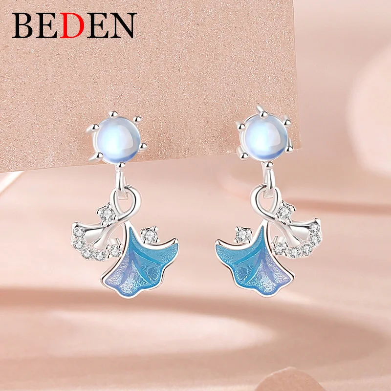 

Оригинальный дизайн из стерлингового серебра 925 пробы, серьги с лунным камнем листьев гинкго, маленькие и высококачественные украшения для ...