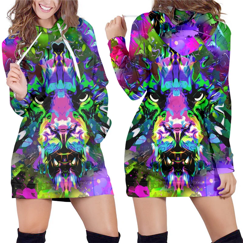 

Женская модная Длинная толстовка с капюшоном 3d, Топ в стиле Харадзюку, Модный яркий свитер большого размера в виде льва, трендовый свитер на осень и весну