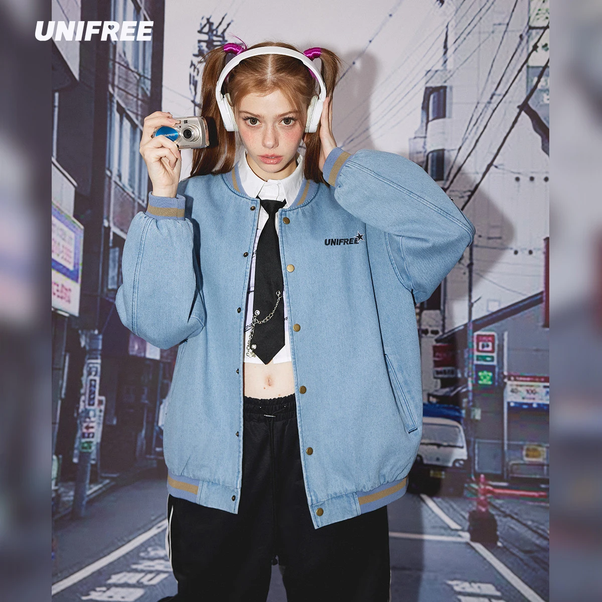 

UNIFREE Vintage Denim Women Baseball Uniform Star Print 2023 Early Autumn New Loose Jacket Coat Trend College Style