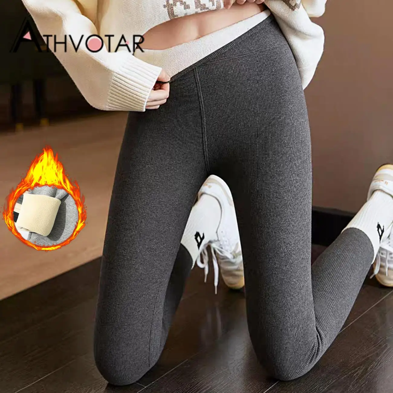 

ATHVOTAR 40-85Kg Thicken Velvet Leggings Women Lamb Wool Winter Cotton Vertical Striped Pants Warm Solid Soft Outside Leggings