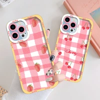 pink strawberry plaid cases for iphone 13 12 mini 11 pro max xs x xr 7 8 plus se 2020 2022 transparent soft tpu protection shell