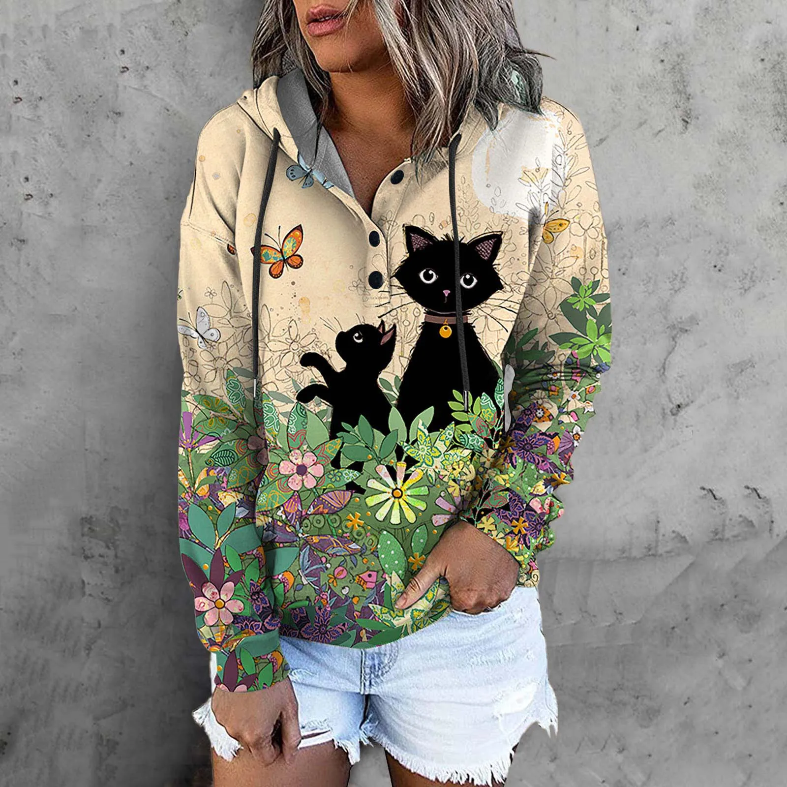 

Buttons Hoodie Women's Winter And Autumn Loose Vintage Cat Print Long-sleeved Sweatshirt Sweatshirt Casual Boho Ladies Pullover