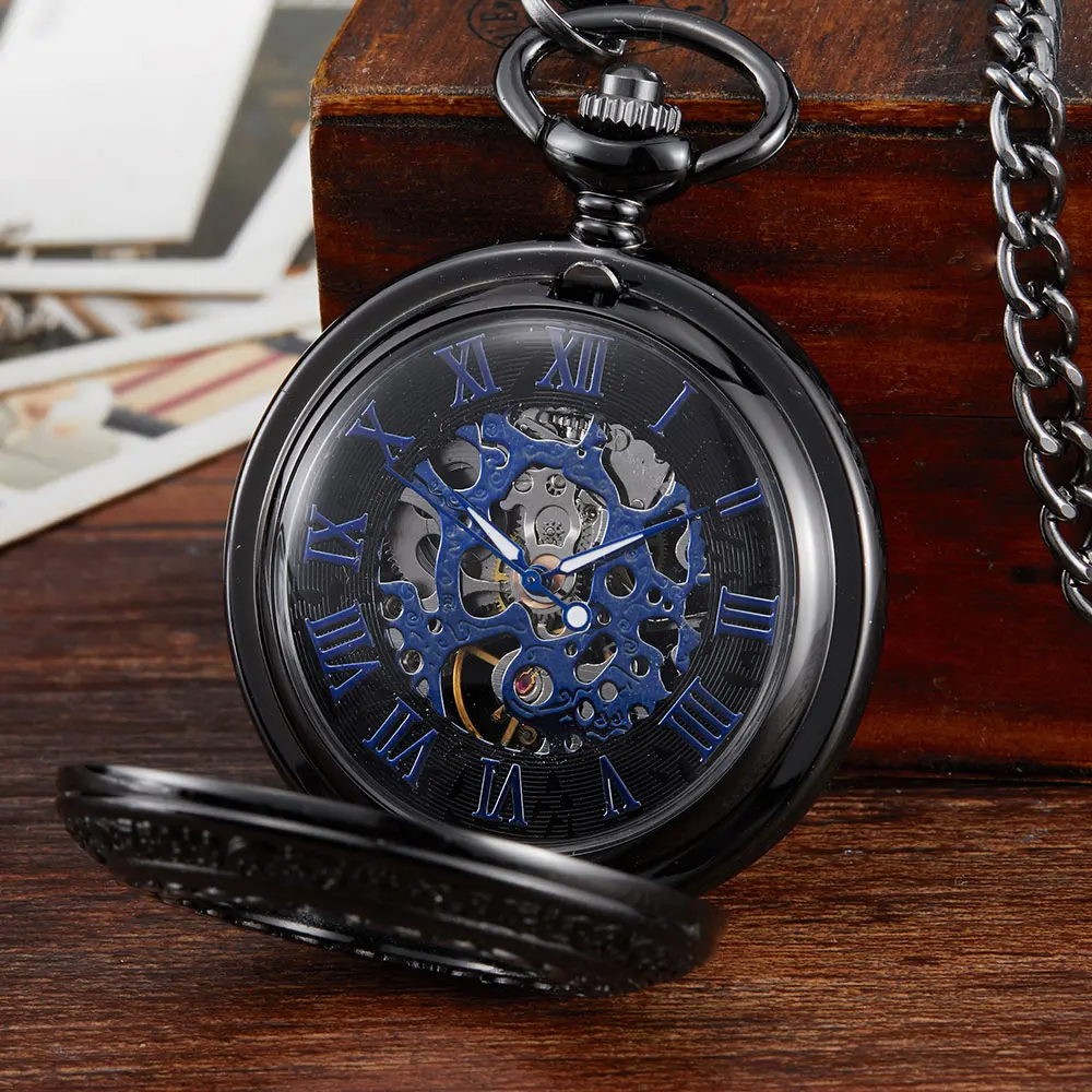 Hollow Mechanical Pocket Watch Harvest Symbol Steampunk Skeleton Hand-winding Fob Watches With Chain For Men Women Pendant Retro