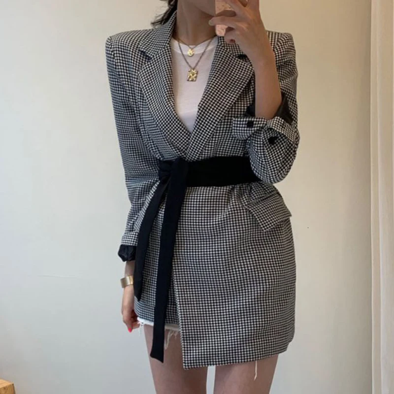 2023 Vintage Plaid Stitching Irregular Straps Long Sleeve Black Blazer Women Fall Winter New Korean Style Loose Trend Coat Indie