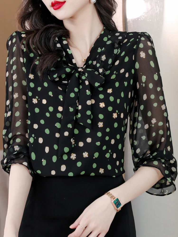 Шифоновые рубашки с длинными рукавами в горошек женская осенняя одежда 2024 новый