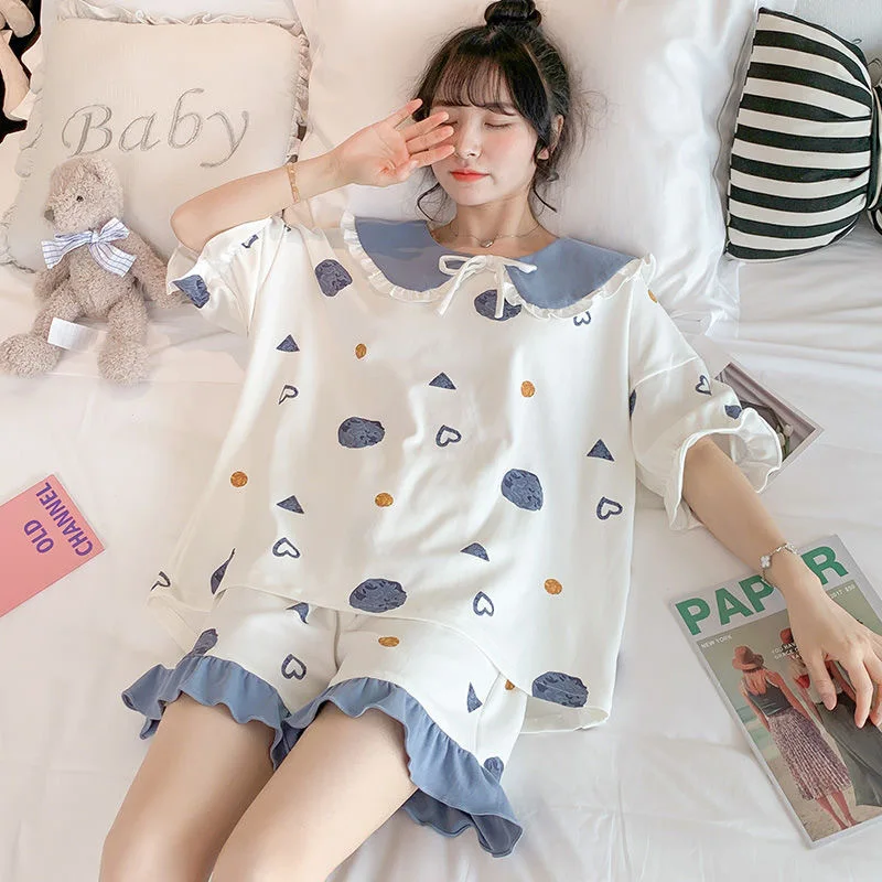 Nightwear Set For Women Two Piece Summer Short Sleeve Thin Sweet Korean Princess Pajama Sets Student Girl Lovely Home Clothes
