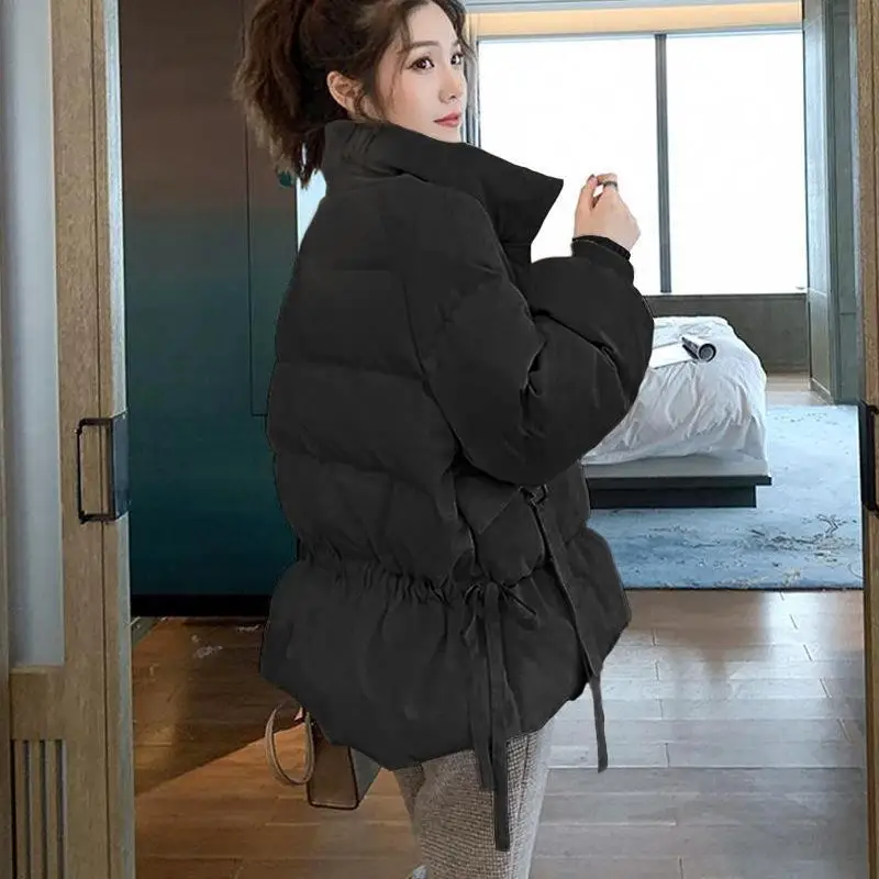 Women Short Korean Style Loose Winter Coats Cotton-Padded Thickening Jackets Down Quilted Velvet Waisted Female Overcoat Outwear