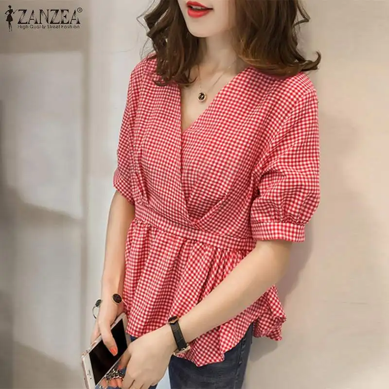 

Plaid Tunic Tops 2022 Summer Grid Blouse Women Holiday Party Half Sleeve Shirt ZNAZEA Casual V Neck Checked Chemise Printed Top
