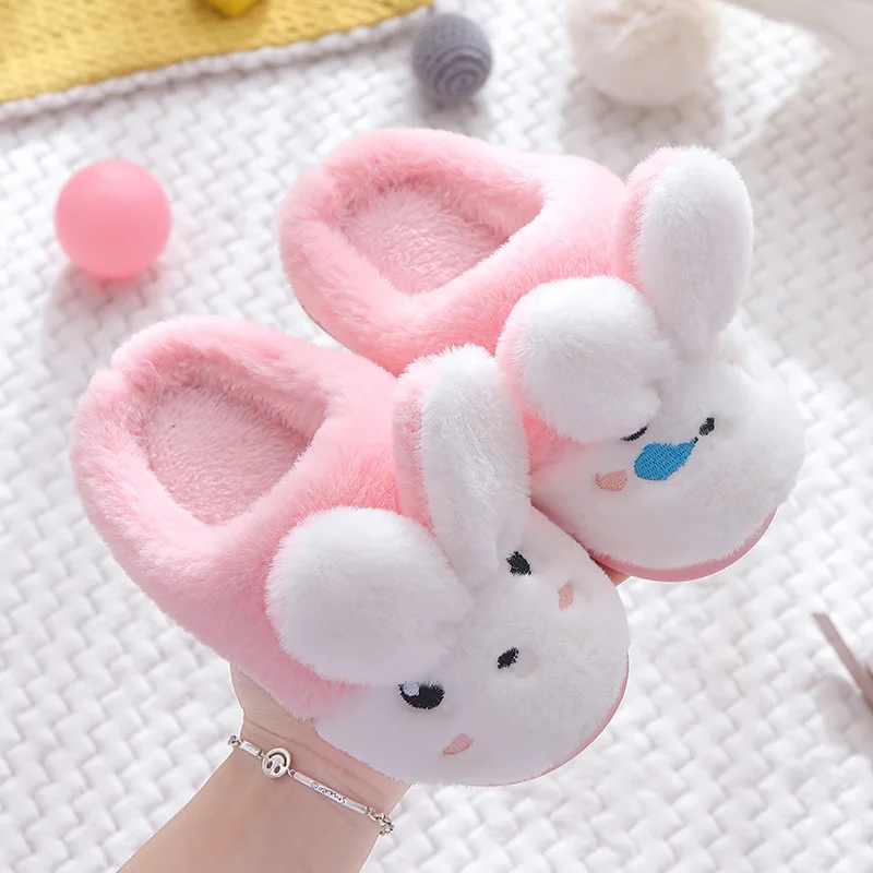 Unisex Home Fur Slide Pink Cartoon Rabbit Girls Alippers Indoor Home Soft Bottom Non-Slip Winter Children's Warm plush Slippers
