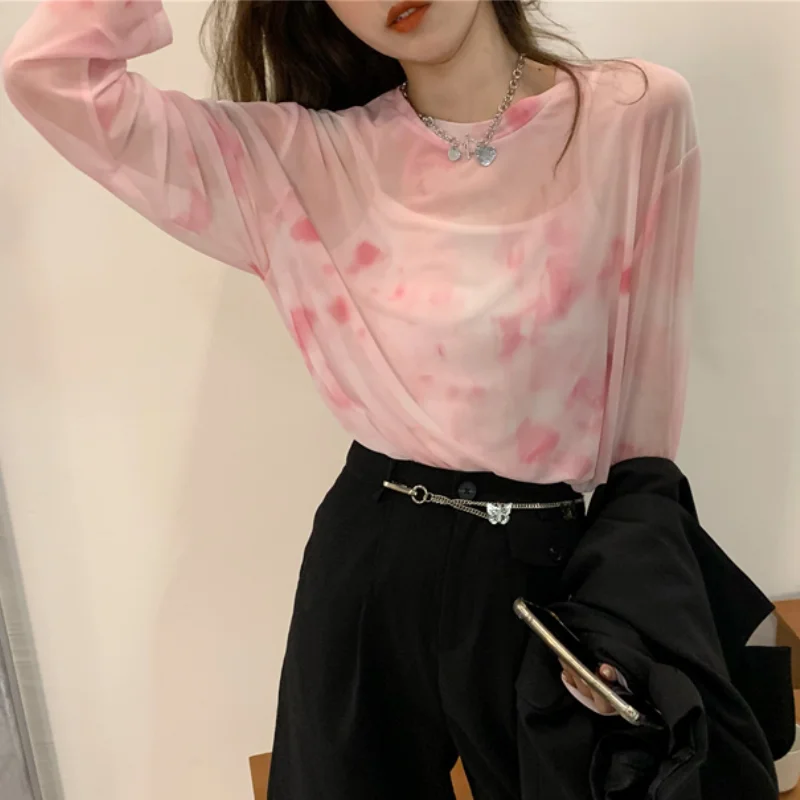 

Thin See-through Perspective Design Sense Korean Chic Cover Up Tops Summer Women Long Sleeve T-shirts 2023 Sweet and Spicy Style