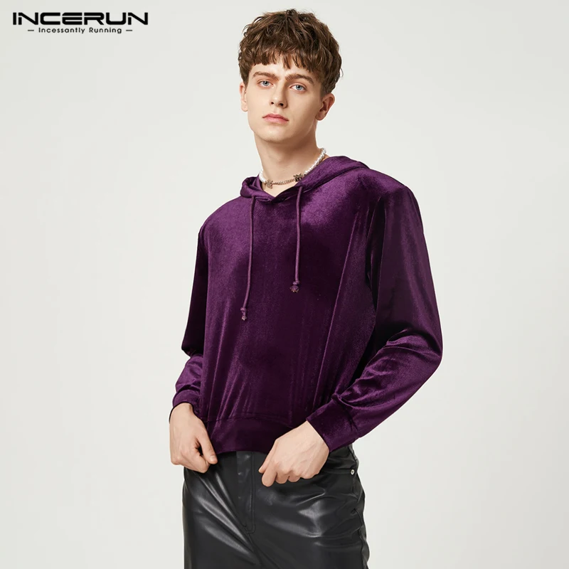 

2023 Men Hoodies Solid Color Velour Hooded Long Sleeve Streetwear Casual Crop Sweatshirts Fashion Men Pullovers S-5XL INCERUN