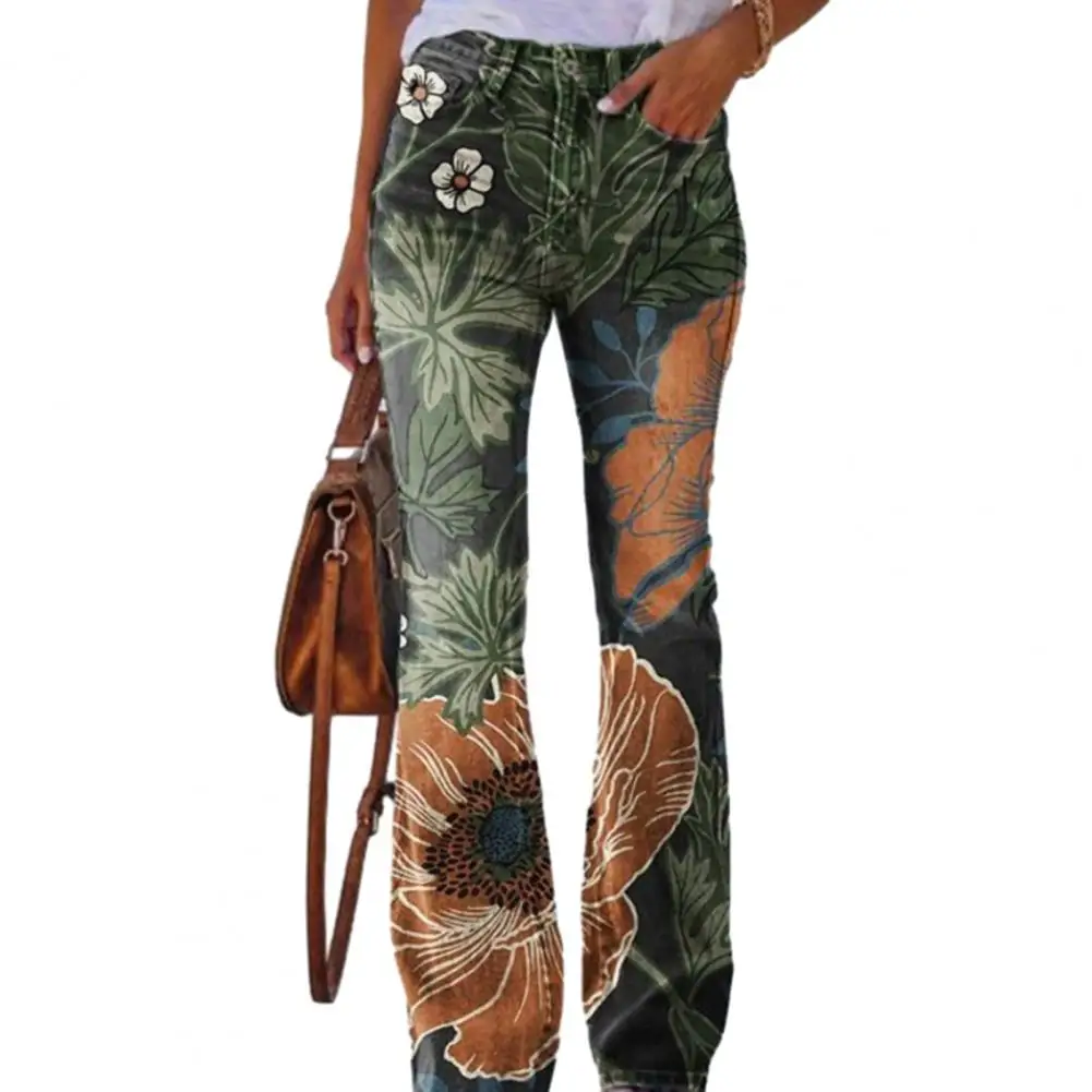 

Брюки женские с цветочным принтом, винтажные облегающие штаны с карманами, с расклешенным подолом, на пуговицах, на молнии, со средней талией, тонкие эластичные