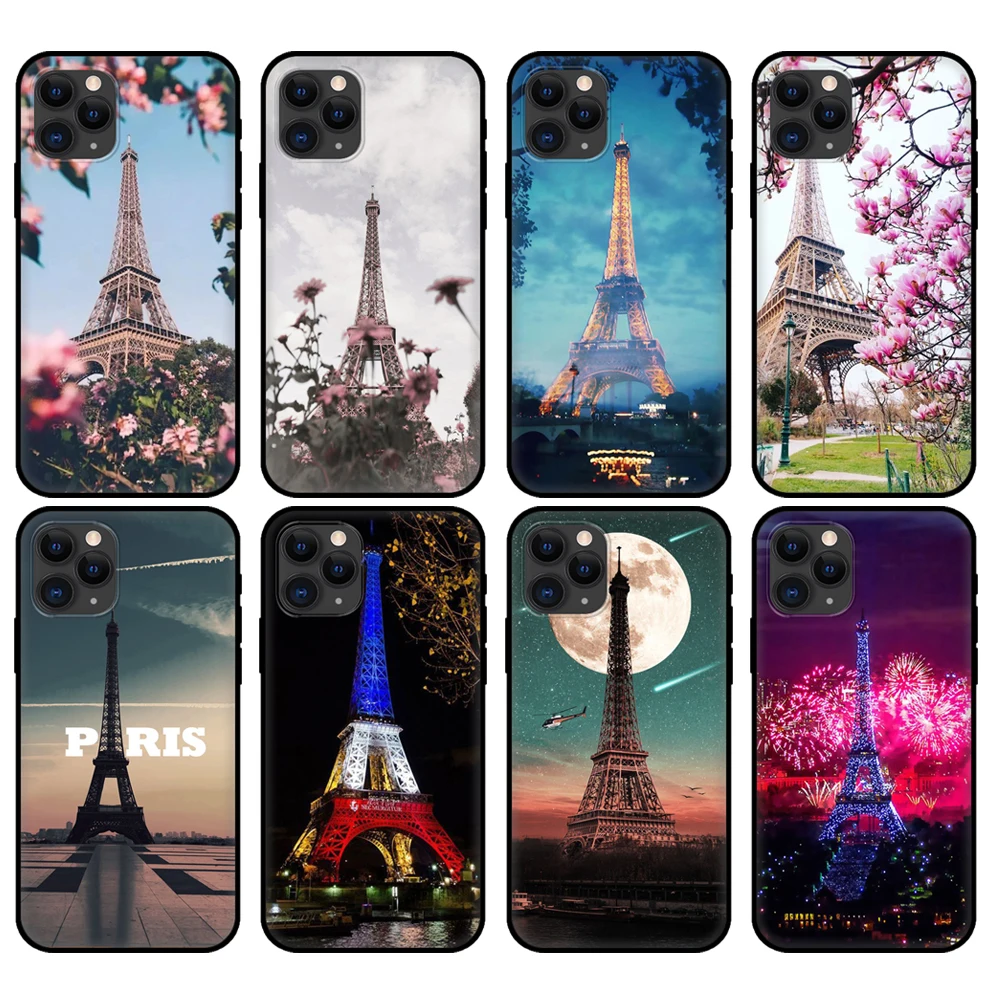 

Black tpu case for iphone 5 5s se 2020 6 6s 7 8 plus x 10 XR XS 11 12 mini pro MAX back cover Romantic Paris Eiffel Tower