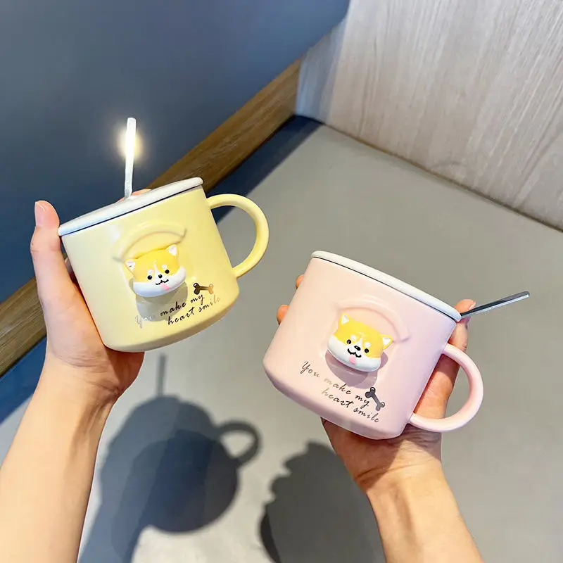 

3Pcs/sets Cute Cartoon Ceramic Cup Akita Dog Mug With Lid Spoon Office Home Water Cup Couple