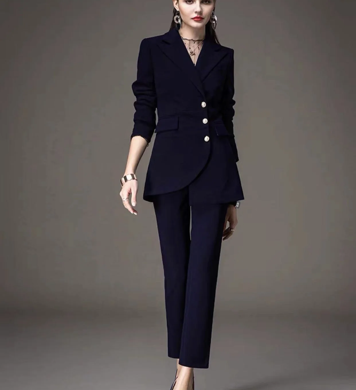 

Women's Navy Irregular Hem Blazer Elegant OL Business Office Formal 2 Pieces Casual Blazer + Pants Женский костюм