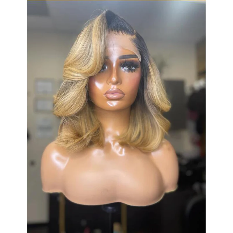 

24 inch Highlight Ombre Honey Blonde Deep Wave PrePlucked Glueless European HumanHair 13*6 Lace Front Wig For Black Women Daily