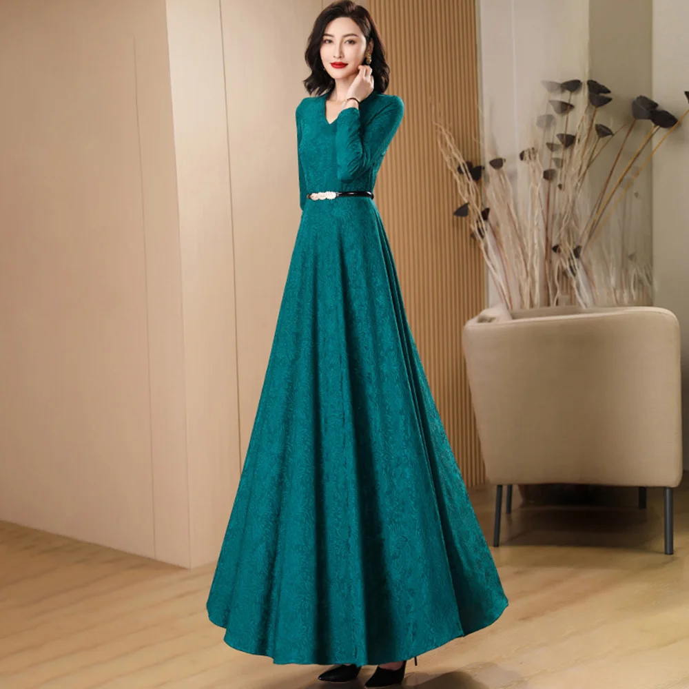 

New Women Overlength Dress Spring Autumn Elegant Fashion V-Neck Long Sleeve Soft Slim Pullover es High Waist Jacquard