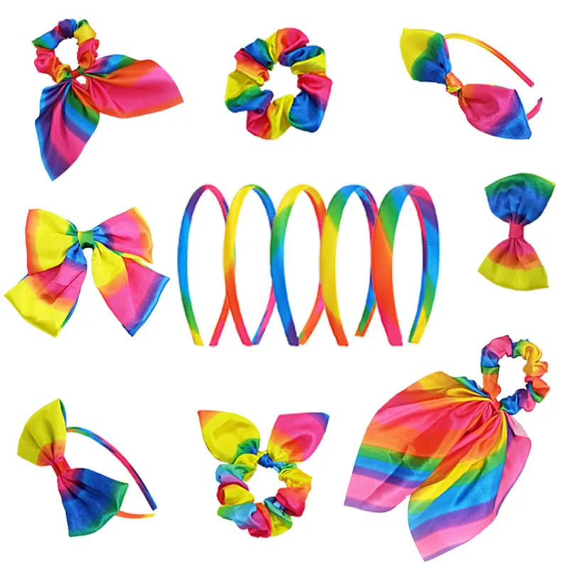 

New Fashion Hair Rainbow Hair Accessories Rabbit Ear Scrunchie Bow Hair Hoop Hair Clip Rainbow Cloth Art Headdress