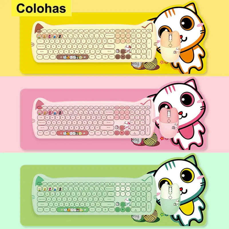 

Cut Cat 2.4G Wireless Ergonomics Keyboard Set Mixed Candy Color Keycap Keyboard Mouse for Laptop PC Conjunto De Teclado E Mouse