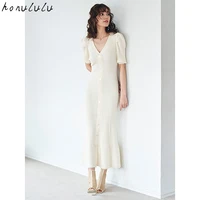 2022 summer new japanese solid color single breasted v neck slim knitted fishtail dress women