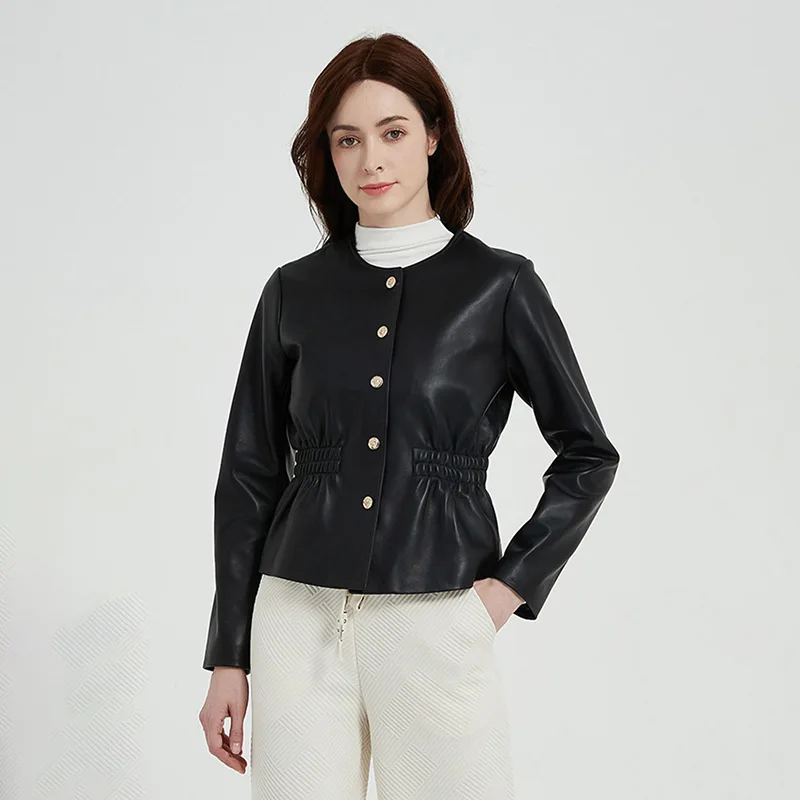 2023 New Lady Leather Jackets Round Neck Single Breasted Solid Genuine Sheepskin Short Coat Elegant Fashion Streetwear AEL4938