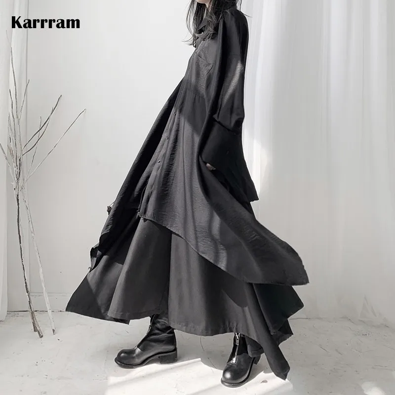 Karrram Yamamoto Style Black Shirt Gothic Dark Aesthetic Irregular Blouse Japanese Fashion Designer Clothes Oversized Shirts Emo