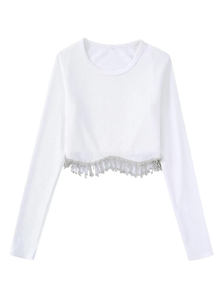 

Merodi Ladies Summer Fashion Jewellery Tassel White Short Shirts Girls O-Neck Long Sleeve Knitted Black Tops Female Elastic Tops