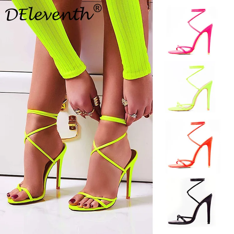 

New High-Heeled Shoes Sandals Green Stiletto Party Fish Mouth Cross Strap Metal Pendant Catwalk women's shoes35-43 Large Size