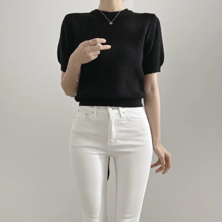 

Лидер продаж 2023, тонкие укороченные розовые свитера с круглым вырезом, Женская Облегающая рубашка с коротким рукавом, топы с бантом на спине, женские рубашки