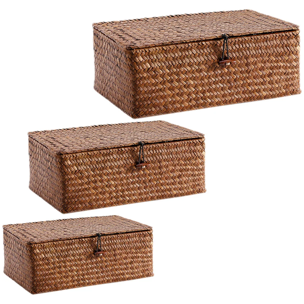 

3 Pcs Rustic Storage Bins Desktop Basket Baskets Lids Woven Organizer Sundry Decorative Seaweed Large Wicker