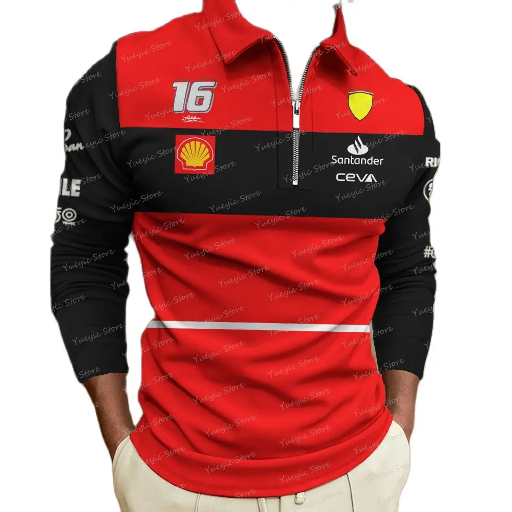 

New Men's Long Sleeve Zip Polo Shirt Formula One F1 Red Team 16# Out of Print Team Extreme Outdoor Casual Streetwear Plus Size