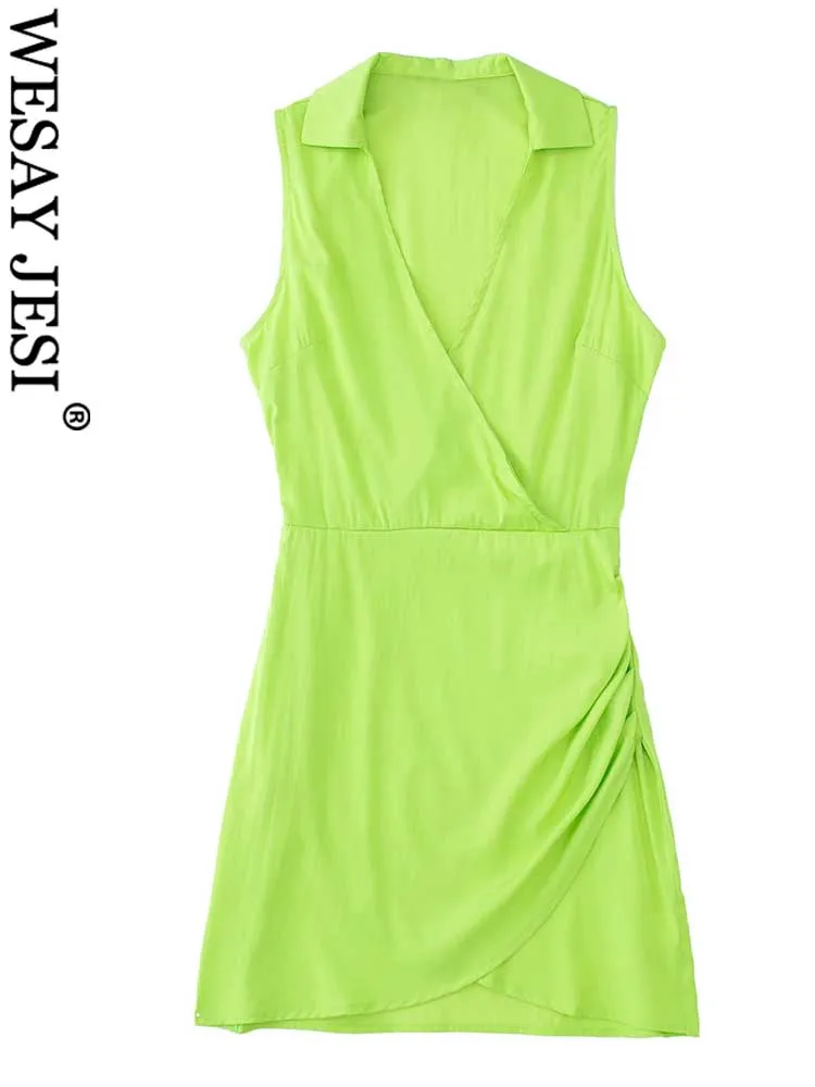 

WESAY JESI Fashion Sexy Cross V Lapel Irregular Hem Lady Dress Elegant Charming Fitted Hem Pleated Sleeveless Mini Women's Dress