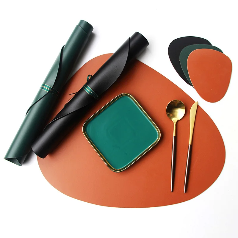 

2Pcs PU Leather Placemats Nordic Style Waterproof Non-Slip Insulation Place Mats Set Teardrop Shape Coaster Cup Dining Table Mat
