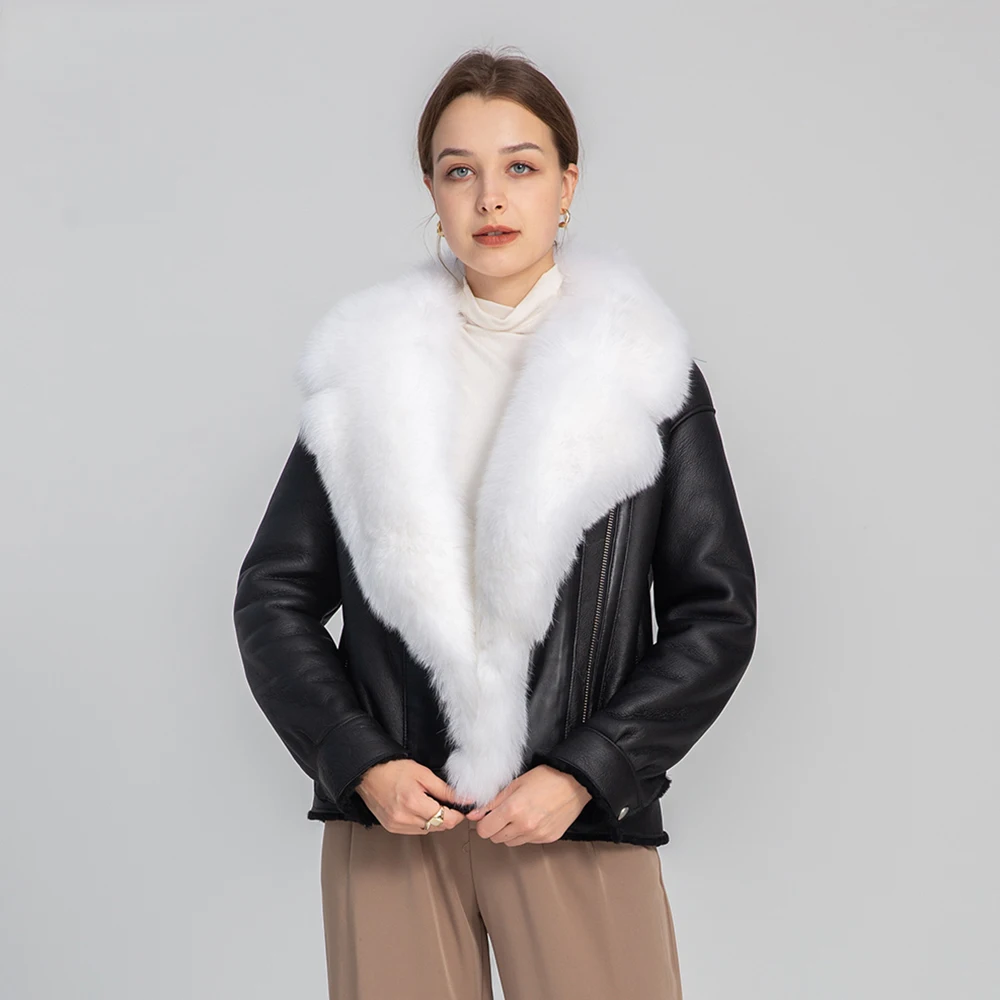 2022 New Lady Leather Jacket Big Real Fox Fur Collar Shearing Coats Lamb Fur Lining Winter Warm Genuine Sheepskin Overcoats 8608