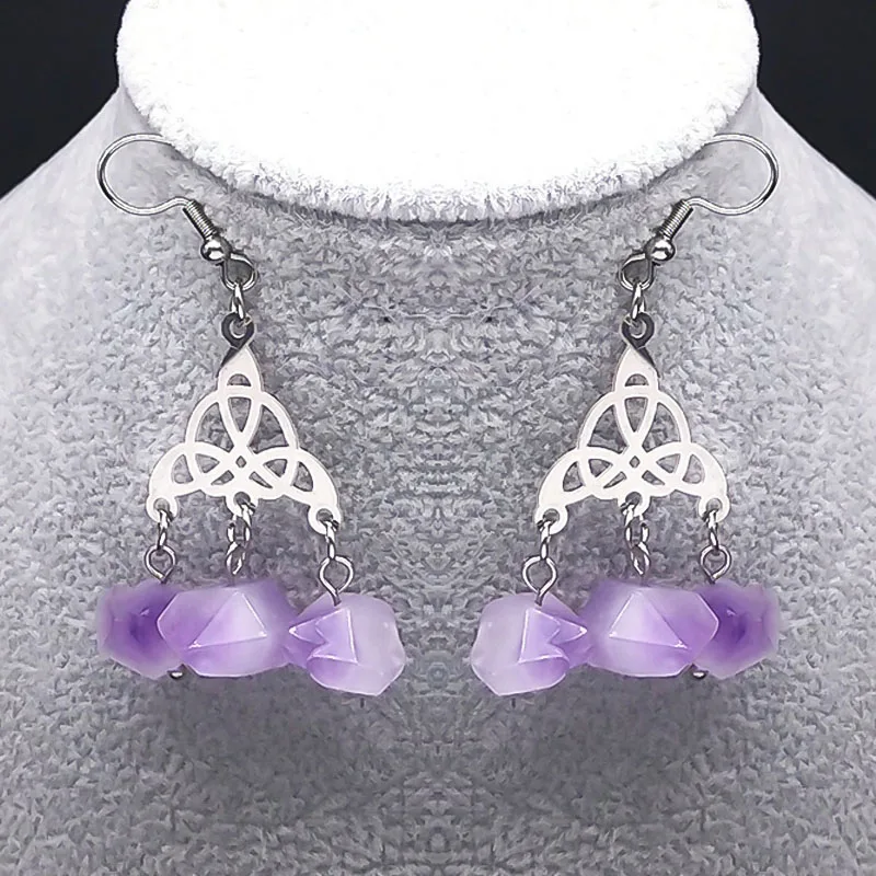 

Wicca Celtic Irish Knot Triskele Dangle Earring Stainless Steel Purple Crystal Earrings Witchcraft Natural Stone Jewelry E1605S0