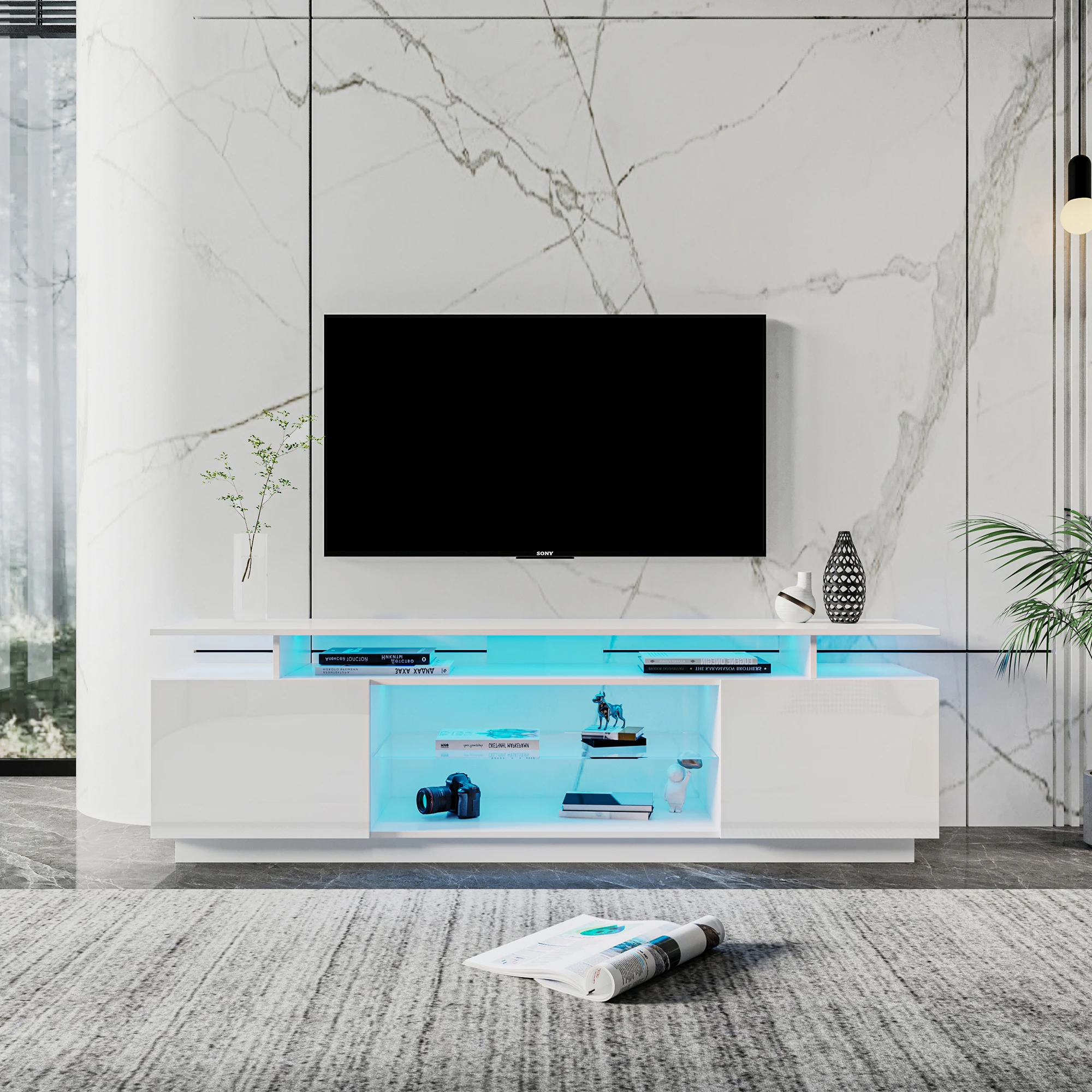 For 80 Inch Tv Media Console Entertainment Center Television Table 2 Storage Cabinet With Open Shelves