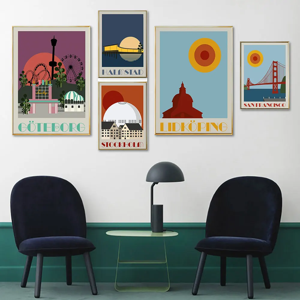 

Nordic Vintage Travel Cities Poster Print Sanfrancisco Goteborg Minimalist Building Landscape Art Canvas Painting Wall Picture