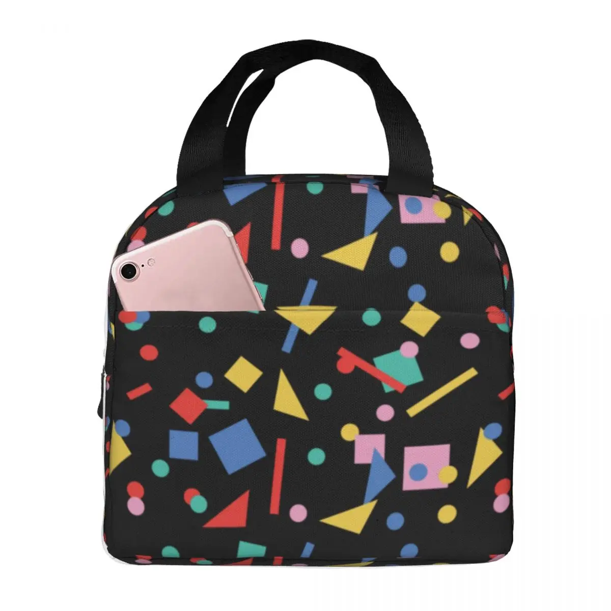 

Retro 80s Pop Art Lunch Bag with Handle Geometric Shapes Cooling Cooler Bag School Cute Meal Thermal Bag