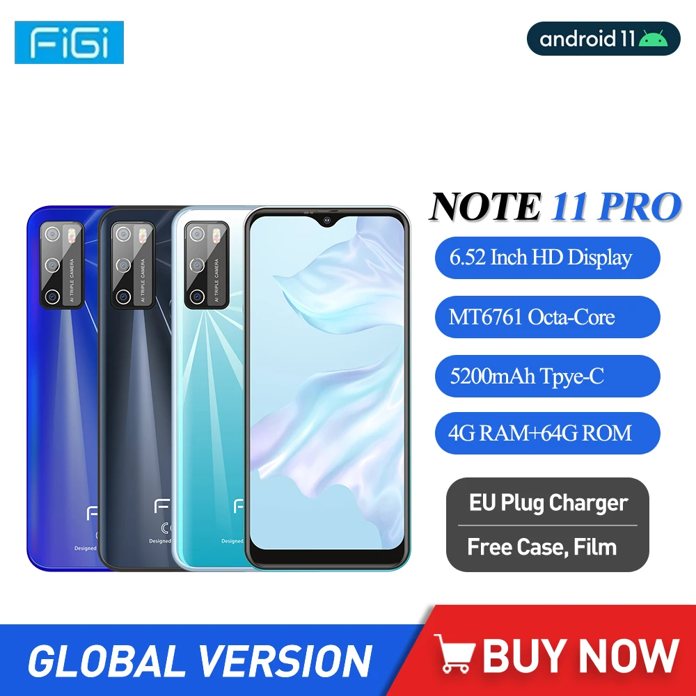 FIGI Note 11 Pro Android 11 Cellphones 4GB 64GB 6.52 Inch Mobile Phone MTK6762 Quad Core Smartphones 5200mAh 13MP Triple Cameras