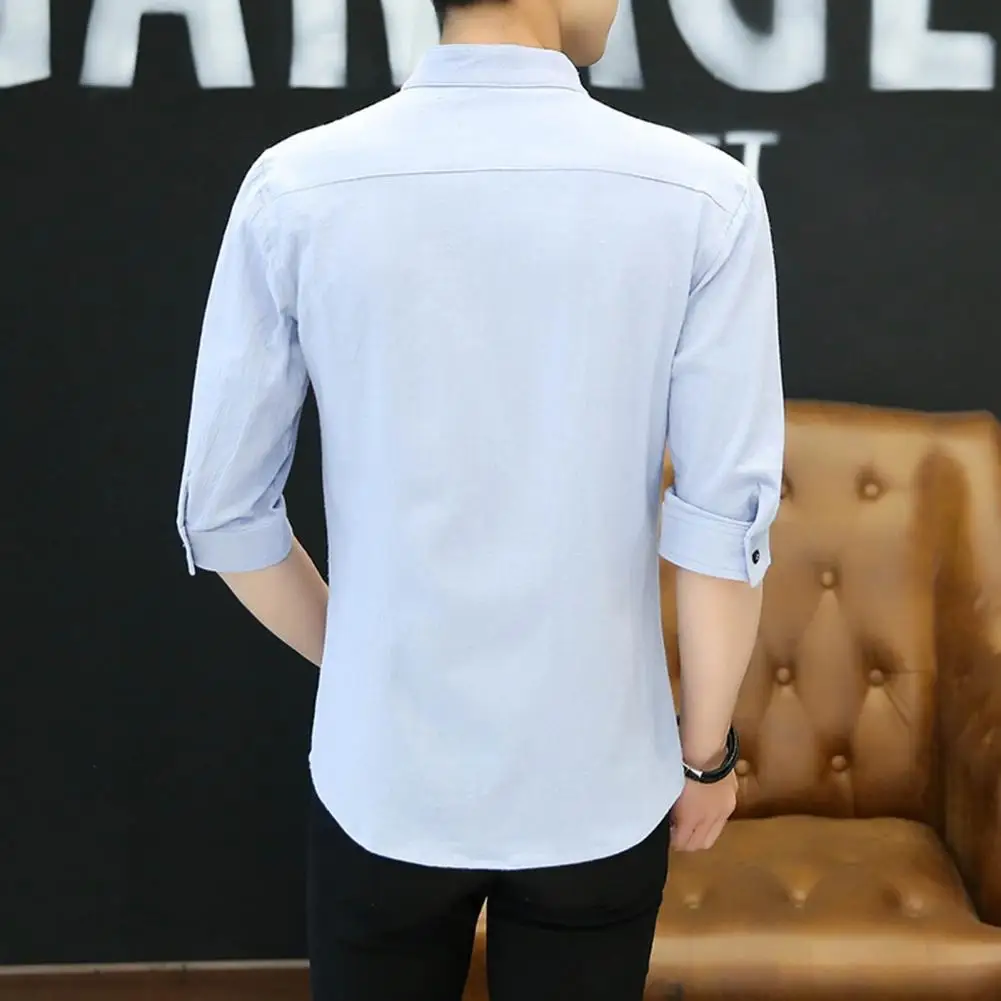 Мужская Однотонная рубашка с воротником-стойкой приталенная в деловом стиле